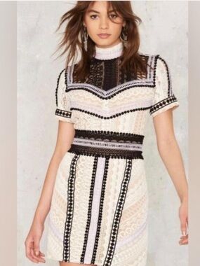 Nasty Gal White crochet Lace Mini Dress with Black Trim